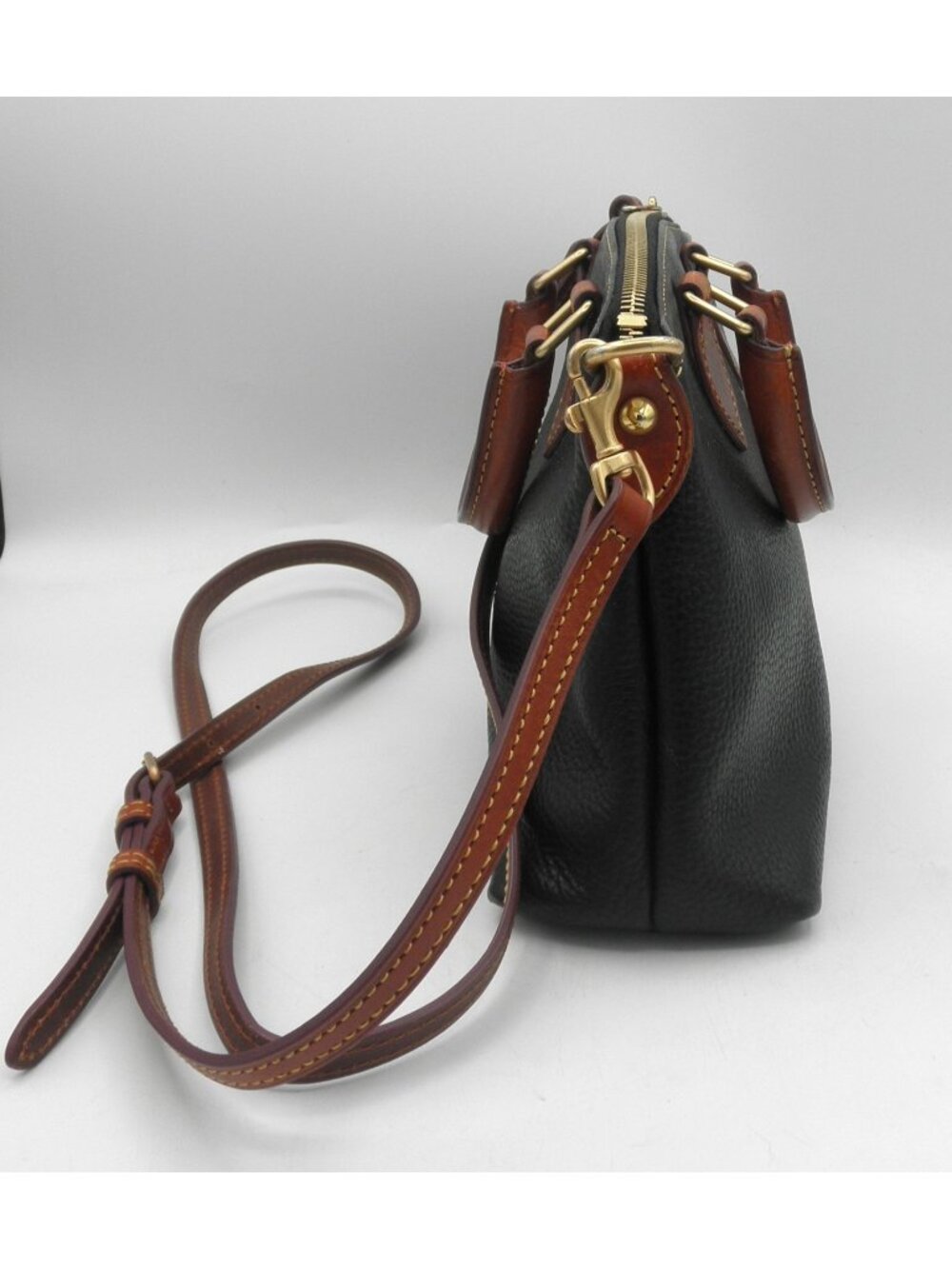 Dooney & Bourke Black Pebbled Leather Brown Accents Crossbody Satchel Handles - Picture 2 of 16